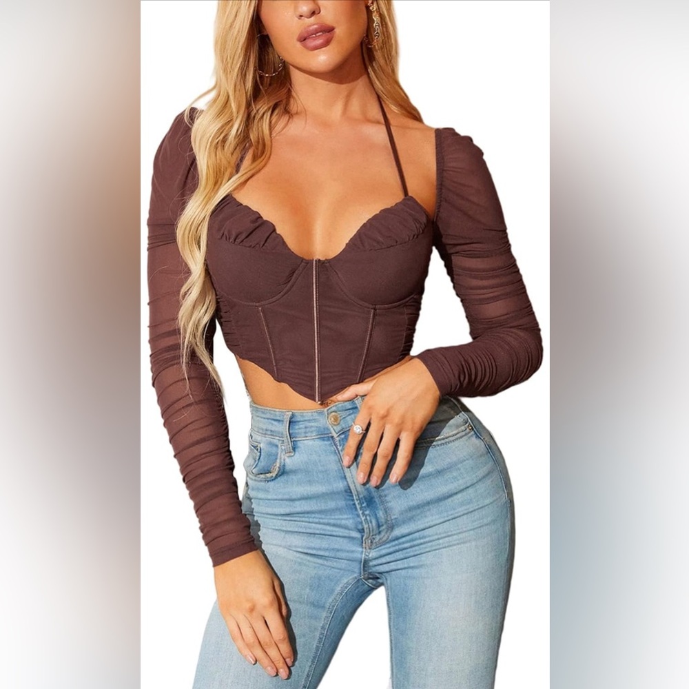 HTZMO Long Sleeve Corset Crop Top Tie Up Halter Bustier Zip Boned Sexy Blouses